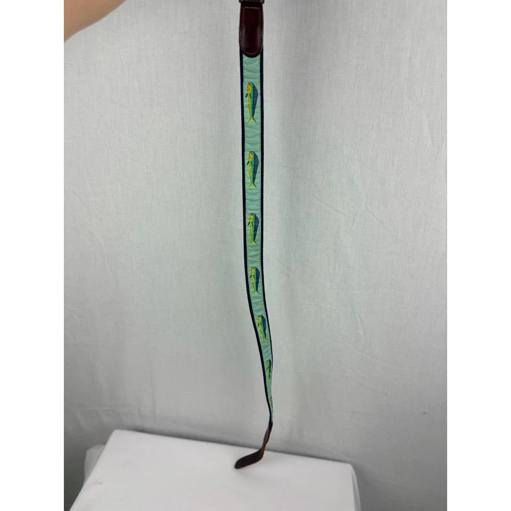 Preston New England Mens Mahi Mahi Fish Surcingle Belt Blu Green Leather Size 32
